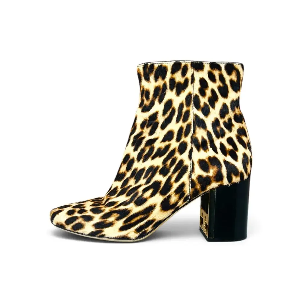 Tory Burch Gigi Leopard Pony Hair Ankle Booties Gold Logo Block Heel Size 8.5